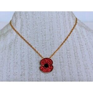 Red & Black Rhinestone Poppy Flower Goldtone Pendant Necklace 18 in